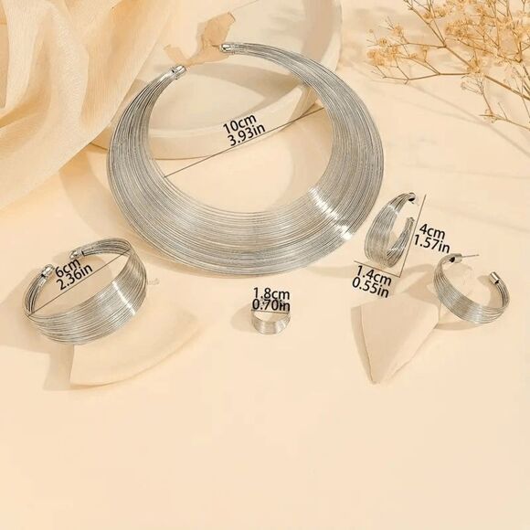 STERLING SILVER MULTI LAYER NECKLACE, CUFF BRACELET, EARRINGS, & RING SET - Picture 3 of 3
